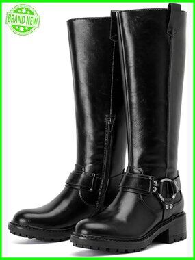 Stylish Knee High Combat Boots Faux Leather Zip Closure Cushioned Sole